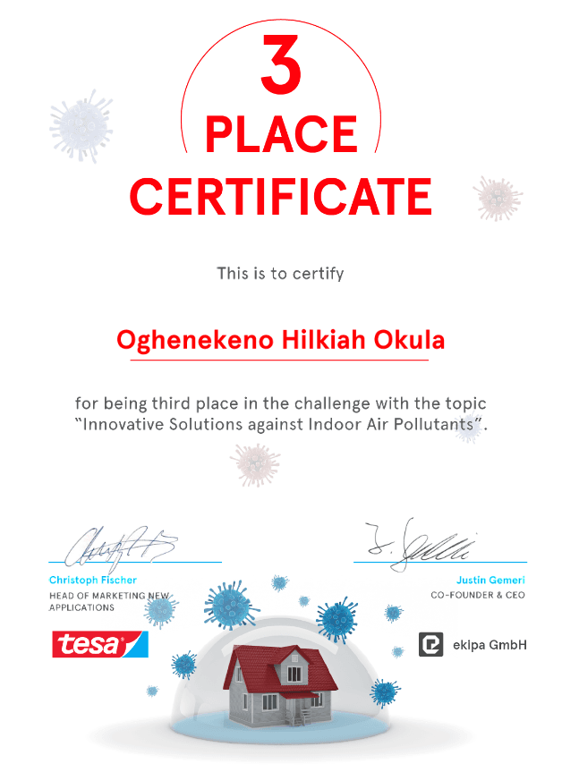 Certificate for 3rd place in the ekipa and tesa indoor air pollutants challenge